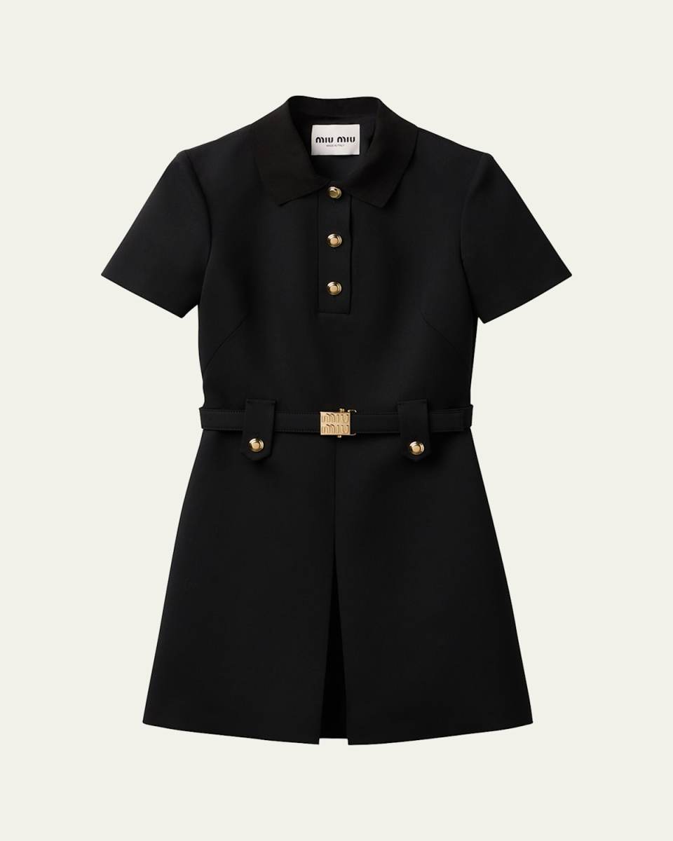 Short-Sleeve Wool Mini Dress With Belt